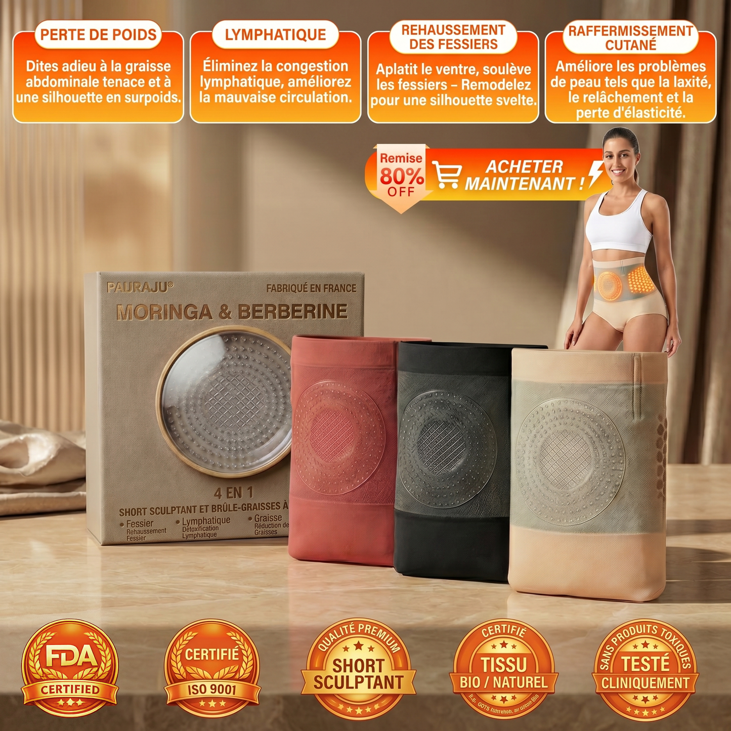 Boutique Officielle | 💟💟 𝐏𝐀𝐔𝐑𝐀𝐉𝐔® 2026 Short Sculptant & Brûle-Graisses 4-en-1 aux Micro-Particules de Moringa & Berbérine XA