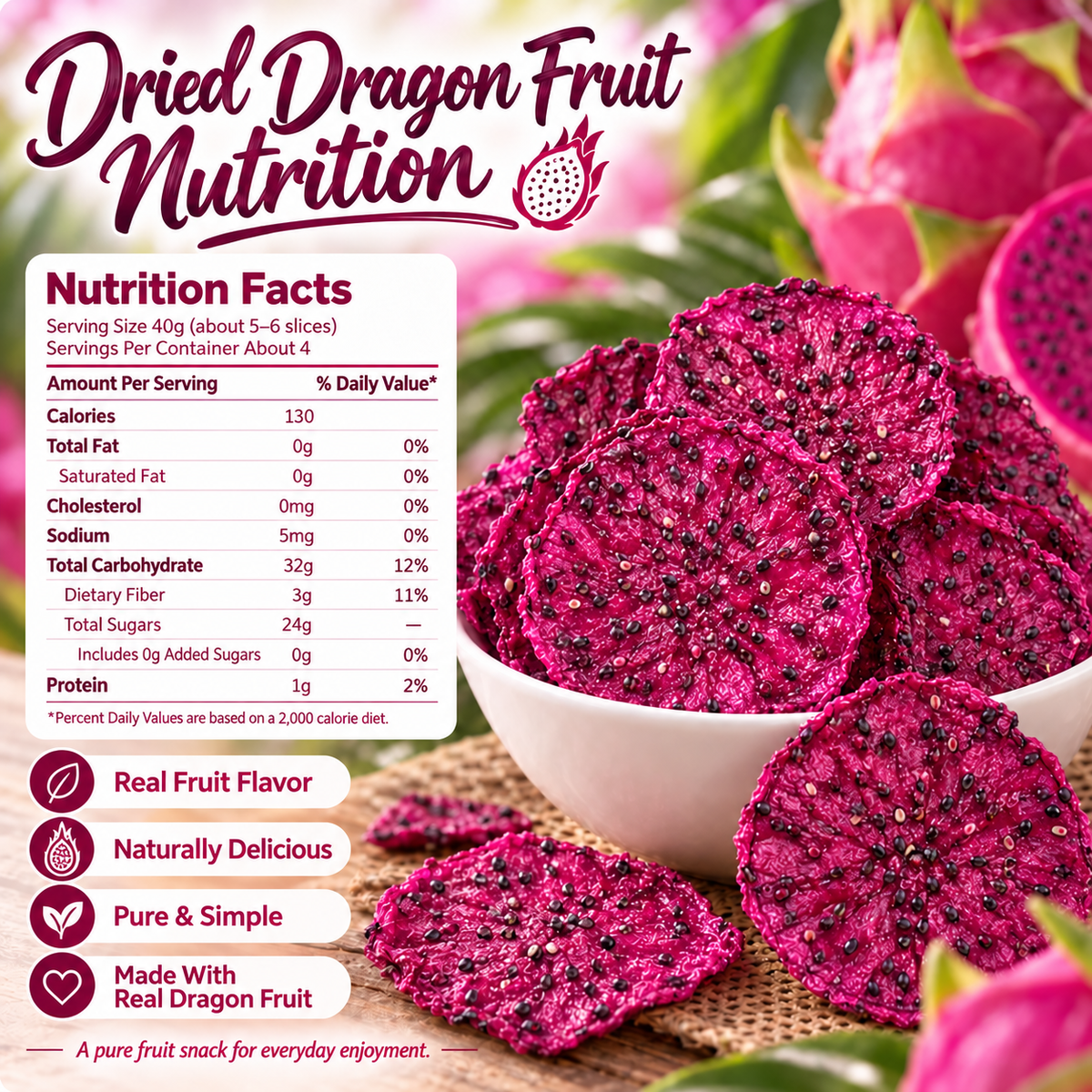 🐲❤️Dried Dragon Fruit Slices 🔰💌Naturally Delicious Snack for Weight Management & Balanced Blood Sugar-ABB8